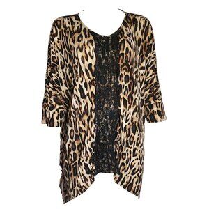 CHICOS Brown Black Animal Print Lace Front Top Size 2 Womens‎ Size L Large/12